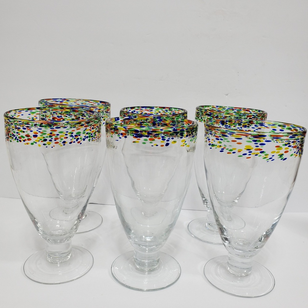 Confetti Glass Goblets Set of 6 Artisan 7in Multi-Color Hand Blown